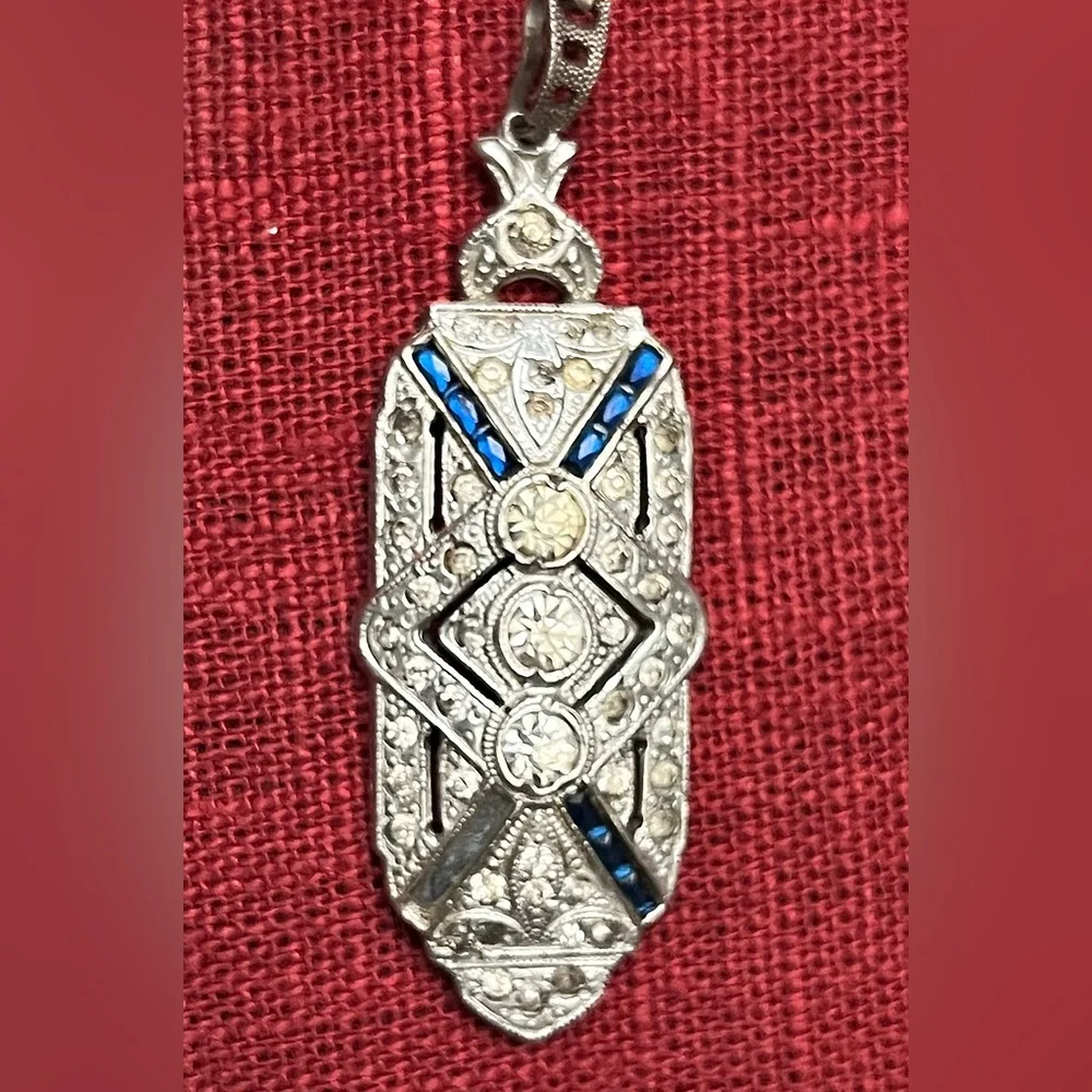 Vintage Art Deco Style Rhinestone & Sapphire Blue Geometric Pendant